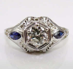 18K White Gold Art Deco European Cut Diamond & Blue Sapphire Filigree Ring FZZ - Picture 1 of 6