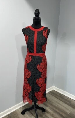 Alice & Olivia Lace Floral Midi Dress red black Polyester Silk Combo size 4 or 6 - Image 1 of 4