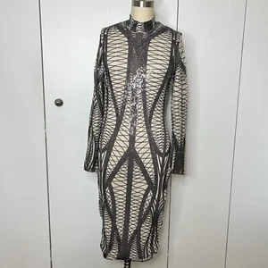 Abito Boohoo donna taglia 6 UK10 midi bodycon paillettes nero beige illusione nuovo con etichette - Foto 1 di 15
