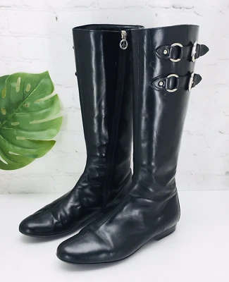 Botas de equitación altas para mujer Donald J Pliner talla 7,5 cuero negro moto cremallera Italia Foto 1 de 4
