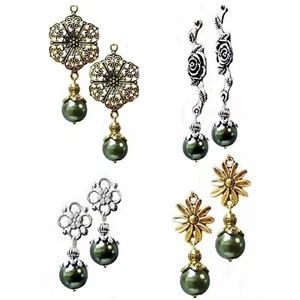 Earrings olive green pearl drop, style choice, clip on or pierced - Bild 1 von 7