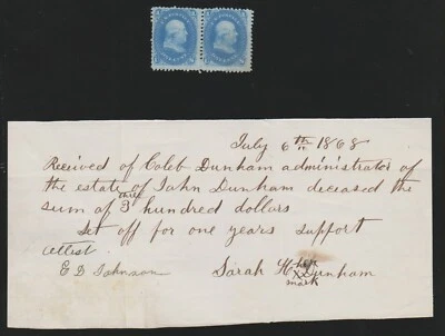 Scott 86 1c E. Grill horiz. pair traces of OG removed from July 6 1868 document - Image 1 of 4