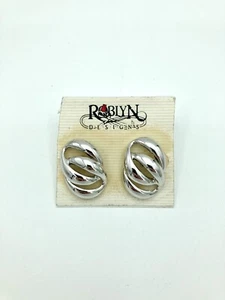 Vintage New On Card - Roblyn Designs Silver Tone Earrings Oval Knot - Picture 1 of 2