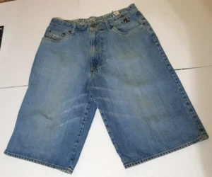 Enyce Denim Jean Shorts 34 14 Wide Baggy Y2k Vtg Distressed Mens Blue Embroider - Picture 1 of 6