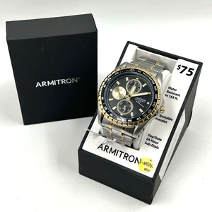 Armitron Men’s Chronograph Tachymeter Watch 20/5313BKTTWM Silver Gold Tone New - Picture 1 of 11