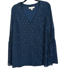 Maglione donna Michael Kors grande blu navy jacquard manica a campana pullover scollo a V tunica - Foto 1 di 8