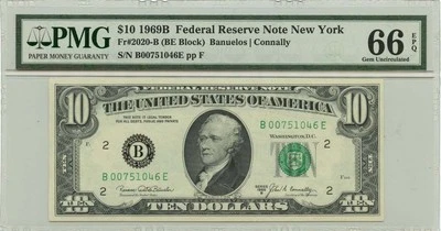 1969B $10 Federal Reserve Note New York Fr# 2020-B PMG Gem 66 EPQ - Image 1 of 2