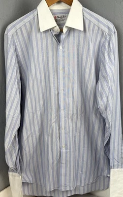 Camisa de Vestir Turnbull & Asser Para Hombre 16 1/2 - 42 Azul Amarillo Rayas Botón Inglaterra Foto 1 de 4