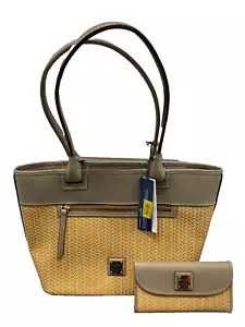 Dooney & Bourke große Leuchtfeuer Reißverschluss Beuteltasche hellbraun gewebte Schultertasche mit Geldbörse neu mit Etikett - Bild 1 von 10
