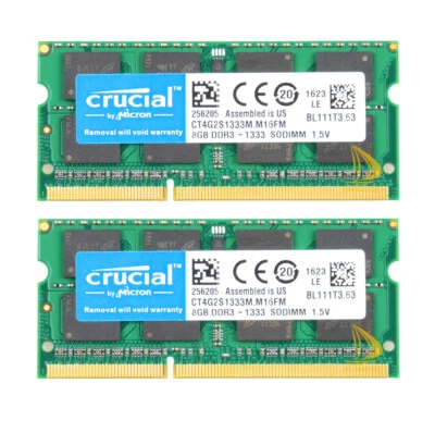 16GB Crucial 2PCS 8GB RAM 2Rx8 PC3-10600S DDR3-1333Mhz 1.5V-SODIMM Laptop Memory - Image 1 of 4