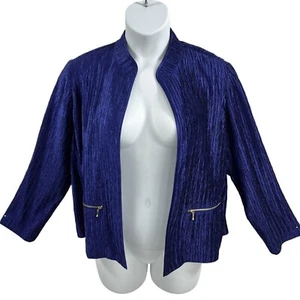 Chicos 2 NWT Crinkle Shine Elegant Blue Blazer Open Jacket Zip Pockets Holiday - Picture 1 of 15