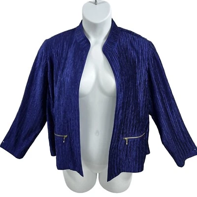 Chicos 2 NWT Crinkle Shine Elegant Blue Blazer Open Jacket Zip Pockets Holiday - Image 1 of 4