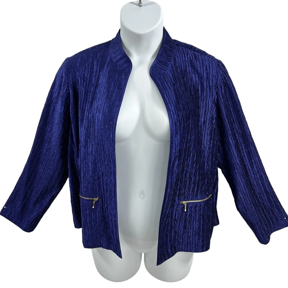 Chicos 2 NWT Crinkle Shine Elegant Blue Blazer Open Jacket Zip Pockets Holiday - Image 1 of 4
