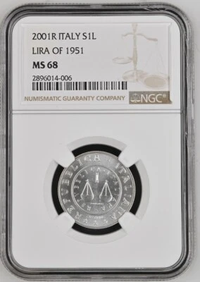 2001 Italy SILVER 1 LIRA 1951 Lira Commemorative NGC MS 68 - Image 1 of 4