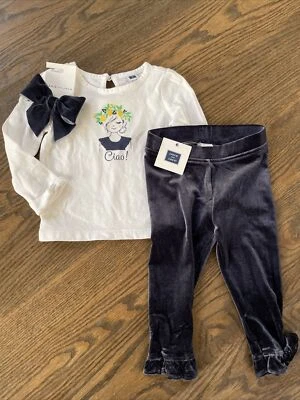 NUEVO CON ETIQUETAS Janie And Jack Niña VACACIONES INVIERNO 3 Piezas Azul Marino Terciopelo Pantalones Arco SET 12 18 Foto 1 de 4