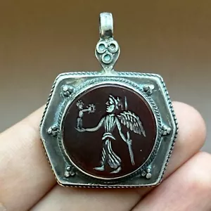 Ancient Near Eastern Rare And Unique Intaglio Agate Stone Silver Pendent - Picture 1 of 10