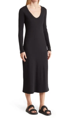 Vestido largo acanalado James Perse cuello en V negro nuevo con etiquetas $195 Foto 1 de 3