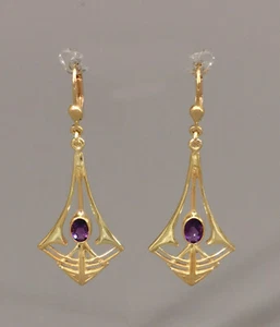 9906075 Plata 925 Chapado en Oro Art Nouveau Pendientes Amatista 5,2x1,8cm - Imagen 1 de 2