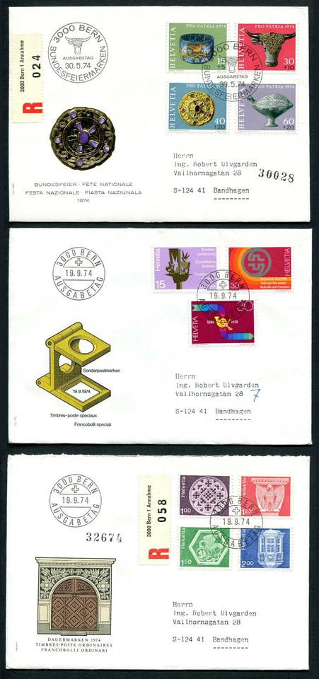 Switzerland K87 3 FDC 1974 registered GOLD Archaeology Art Architecture BIT - Image 1 of 1