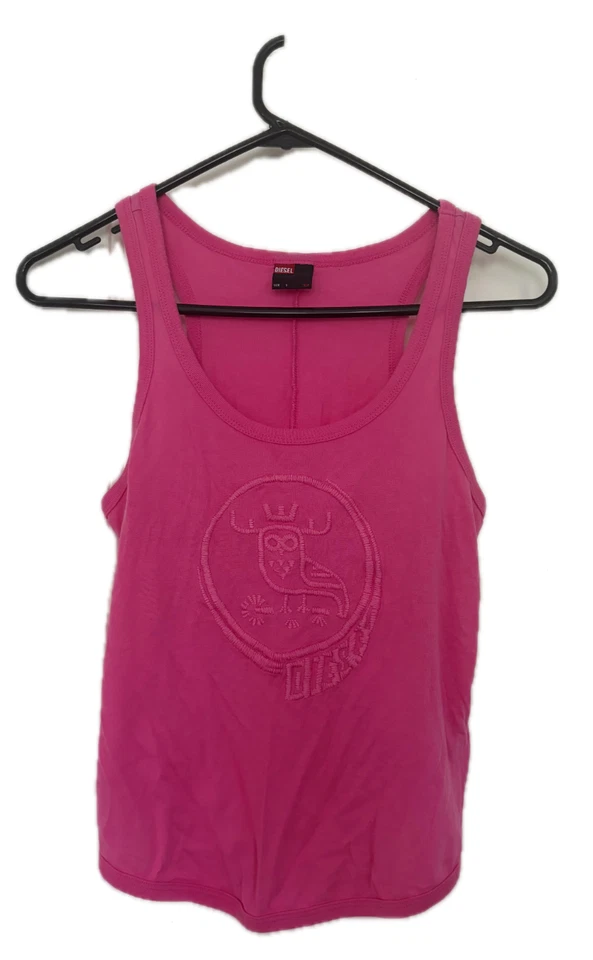 Diesel - Camiseta sin mangas de algodón con espalda abierta rosa con logotipo de búho - Corbata ajustable - Talla S Foto 1 de 4
