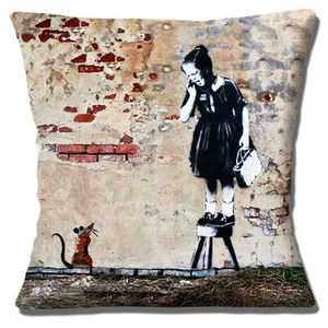 Cubierta de cojín artista de graffiti Banksy 16x16 pulgadas 40 cm niña gritando en taburete rata - Imagen 1 de 3
