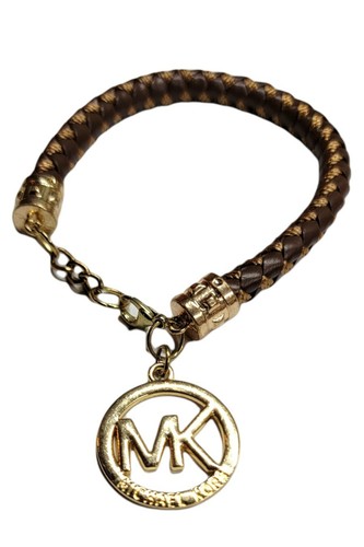 Bracciale MICHAEL KORS Intrecciato Pelle Cordone 9" Tono Oro Logo Metallo Firmato Regalo