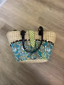Vera Bradley Peacock Blue Green Floral Wicker Tote Bag Large Beach Bag/Shop Bag - Picture 1 of 5