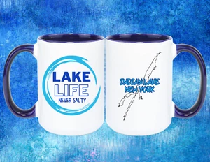 LAKE LIFE NEVER SALTY INDIAN LAKE, NY 15 OZ COFFEE MUG - Picture 1 of 1