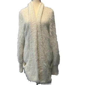 Anthropologie Knitted & Knotted White Fuzzy Open Front Cardigan Sweater Medium - Picture 1 of 16