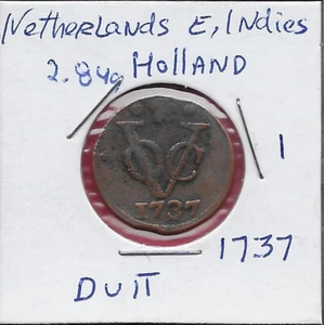 NETHERLANDS EAST INDIES,HOLLAND 1 DUIT 1737 CROWNED ARMS,VOC MONOGRAM IN MIDDLE, - Picture 1 of 2