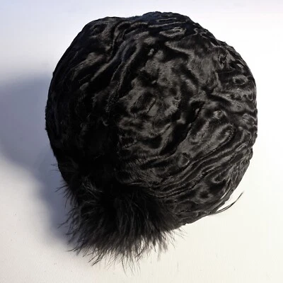 Swakara Hut Pelzmütze schwarz mit Feder 50er Vintage 55 cm - Bild 1 von 4
