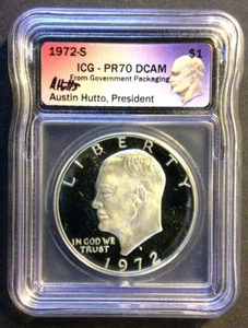1972 S Eisenhower Silver Dollar – ICG PR70 DCAM –Signed: Austin Hutto -President - Picture 1 of 10