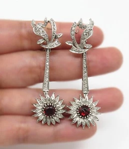 NYJEWEL Large Vintage Platinum Garnet & 94 Diamond Omega Back Drop Earrings - Picture 1 of 3