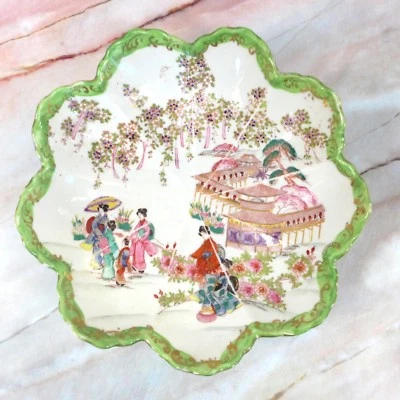 Antique Japanese Japan Hand Painted Pink & Green Scenic Porcelain Bowl 9.75" - Image 1 of 4