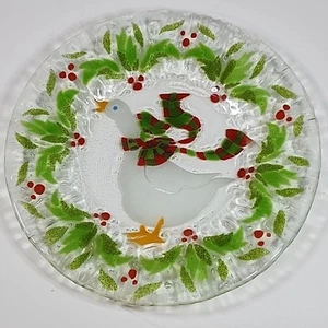 Fused Art Glass Plate Christmas Goose Artist Signed 8" EUC - Picture 1 of 4