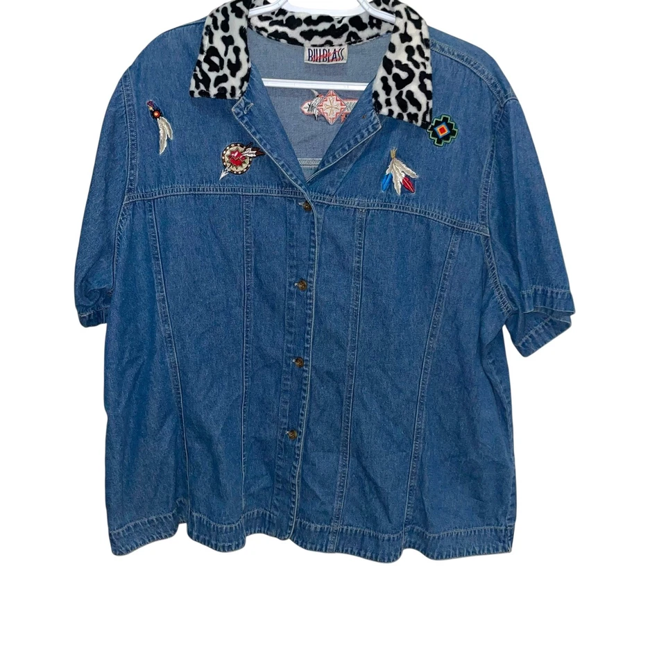 Bill Blass джинсовая рубашка верхний короткий рукав вышитый корова печать воротник плюс - Изображение 1 из 4
