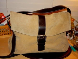 Genuine tan/light brown leather fold over big sathale mail bag or large purse - Picture 1 of 10