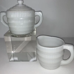 Vintage Hazel Atlas Milk Glass Creamer & Sugar Set Beehive Fine Ribbed White - Picture 1 of 5