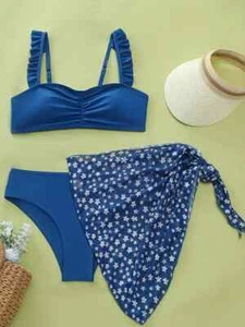 Teen Girls Ruched Trim Decor Bikini Set + Wrap Skirt 3Piece Swimsuit age 15 (15) - Picture 1 of 7