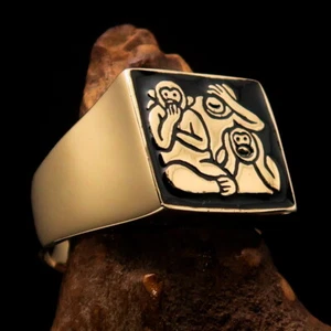 MENS THREE MONKEYS RING, BIKER RING, SEE, HEAR, SPEAK NO EVIL BLACK SIZE 14 - Picture 1 of 6