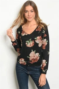 Women Assorted Floral Sweater Top Blouse Relaxed Fit Casual Fall Gray Black Cute - Picture 1 of 5