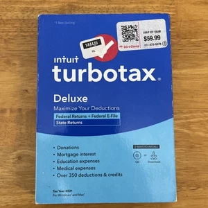 Intuit Turbotax Deluxe 2021 Federal & State Returns E-File CD Windows/Mac - Photo 1/4