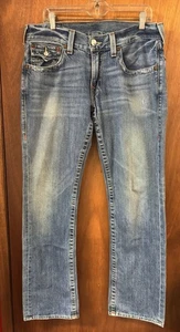 True Religion Men’s Blue Jeans Straight Button Flap Sz 33 36-1/2 W X 34” Inseam  - Picture 1 of 21