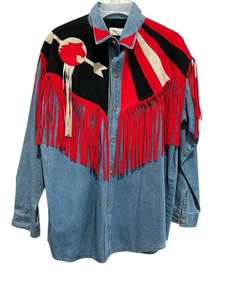 Camisa Roja Denim Abotonada Caballo Flecos Cuero Occidental Personalizada para Mujer Talla M - Imagen 1 de 9
