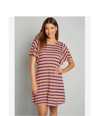 Vestido Camiseta ModCloth Para Mujer 2X Plus Gotta Get Going Naranja Rayas Lino Foto 1 de 4