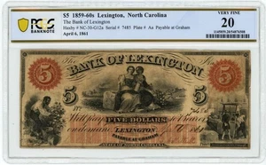 NC-30-G12a $5 1859-60's Lexington, NC Bank Of Lexington VF20 PCGS 950414-44 - Picture 1 of 3
