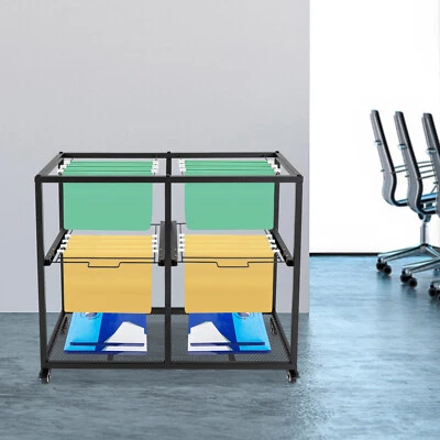 2 Tiers 4 Drawers Rolling Metal Hanging File Cart Mobile Storage Organizer Black - Image 1 of 4