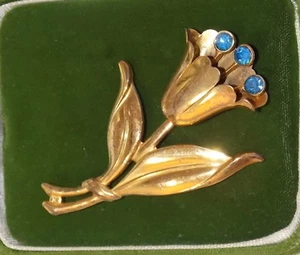 Vintage Gold Vermeil Sterling Silver Tulip Flower Glass Rhinestone Brooch 7h 35 - Foto 1 di 6