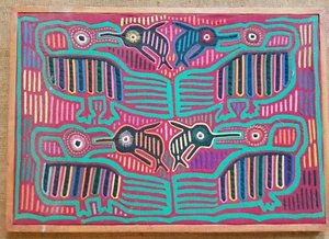 Mola Reverse applique water Bird eating small fish  26x20 / 18.5x12.75   framed - Picture 1 of 4