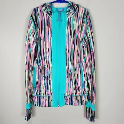 Ivivva Cremallera Rayas Capucha Reversible Azul Multicolor Pulgar Agujeros Niñas 12 Foto 1 de 4